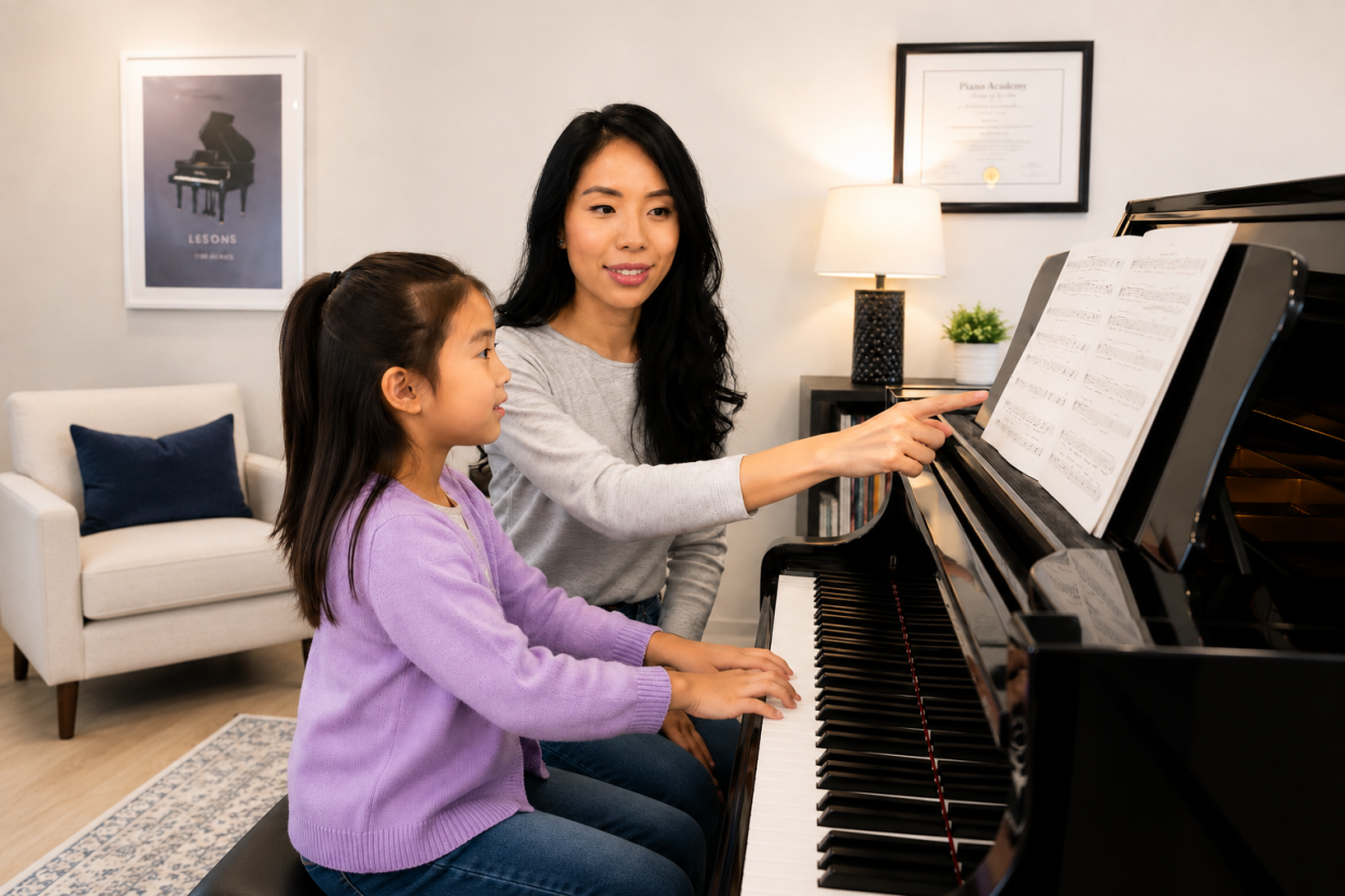 Piano teacher instructing student – private piano lessons in St. Catharines and Niagara Region